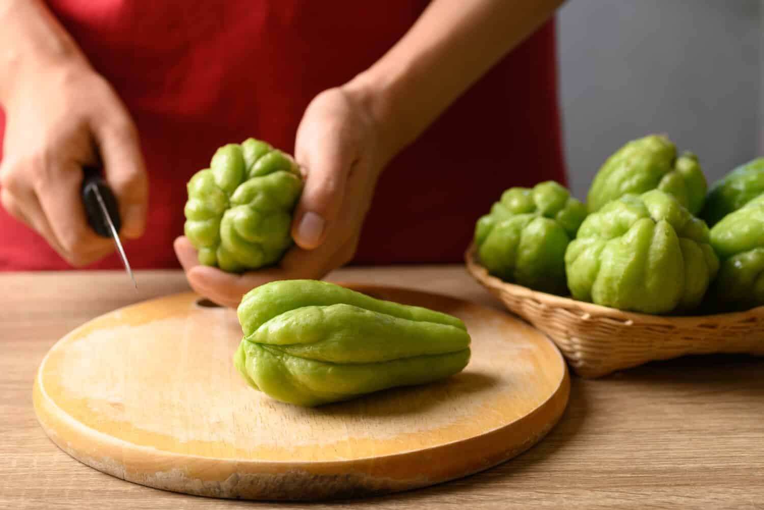 Fresh chayote squash fruit prepare for cooking, Organic vegetables