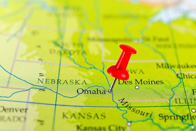 Omaha map. Omaha pin map. Close up of Omaha map with red pin. Map with red pin point of Omaha in USA.