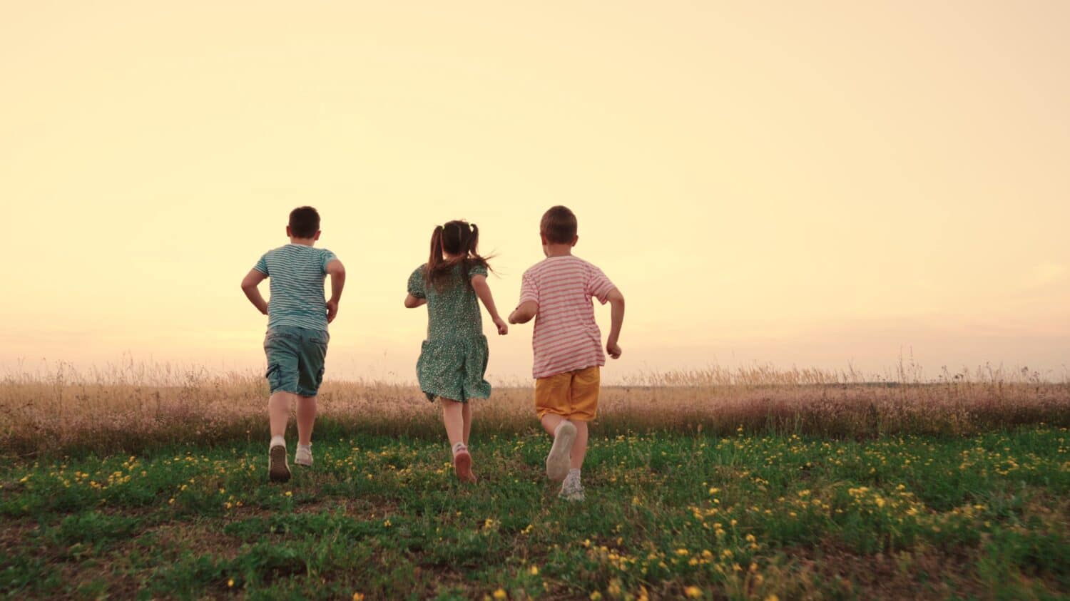 Happy childhood. Teenagers play running. Funny children play in park, friends run in summer. Child run on grass, sunset. Happy boy, girl run in field, playing in nature. Family, weekend outdoors.