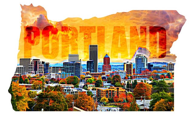 Portland Oregon Cityscape with Text in Map Outline