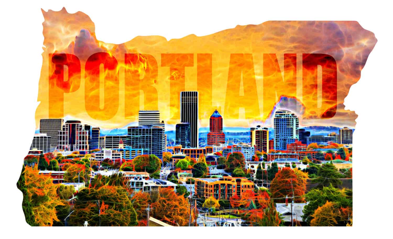 Portland Oregon Cityscape with Text in Map Outline