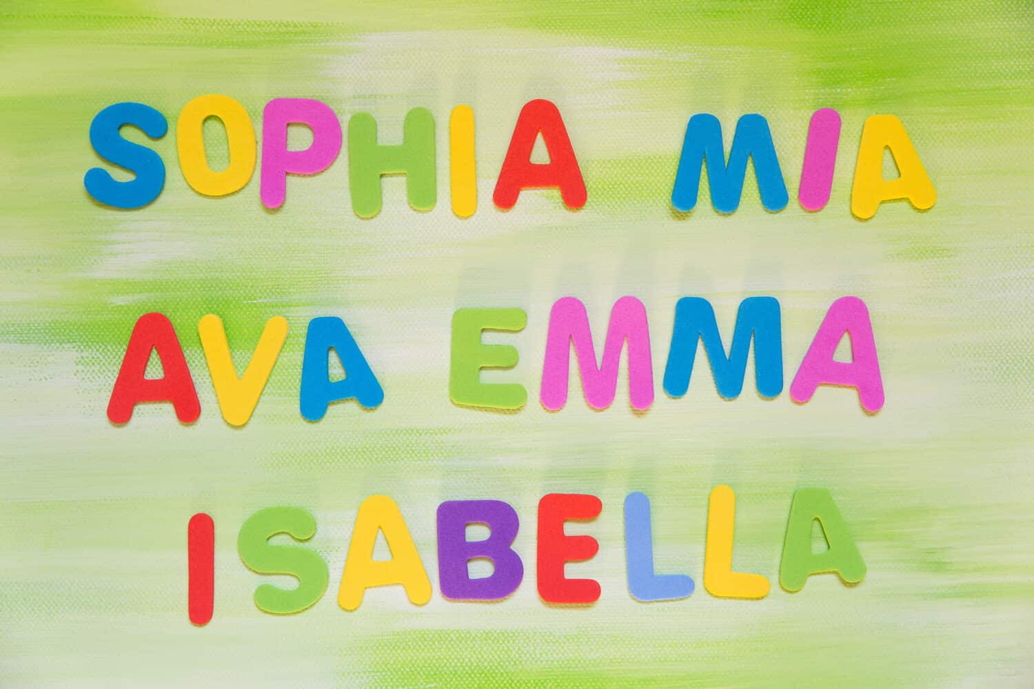 colorful letters, different favorite maiden names, sophia, mia, ava, emma, isabella