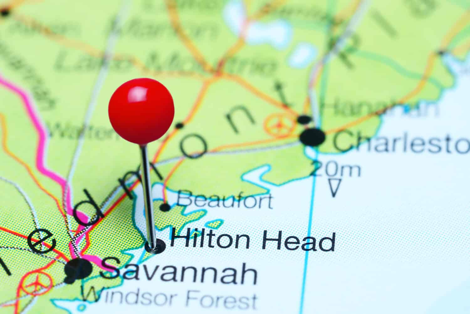 Hilton Head pinned on a map of South Carolina, USA