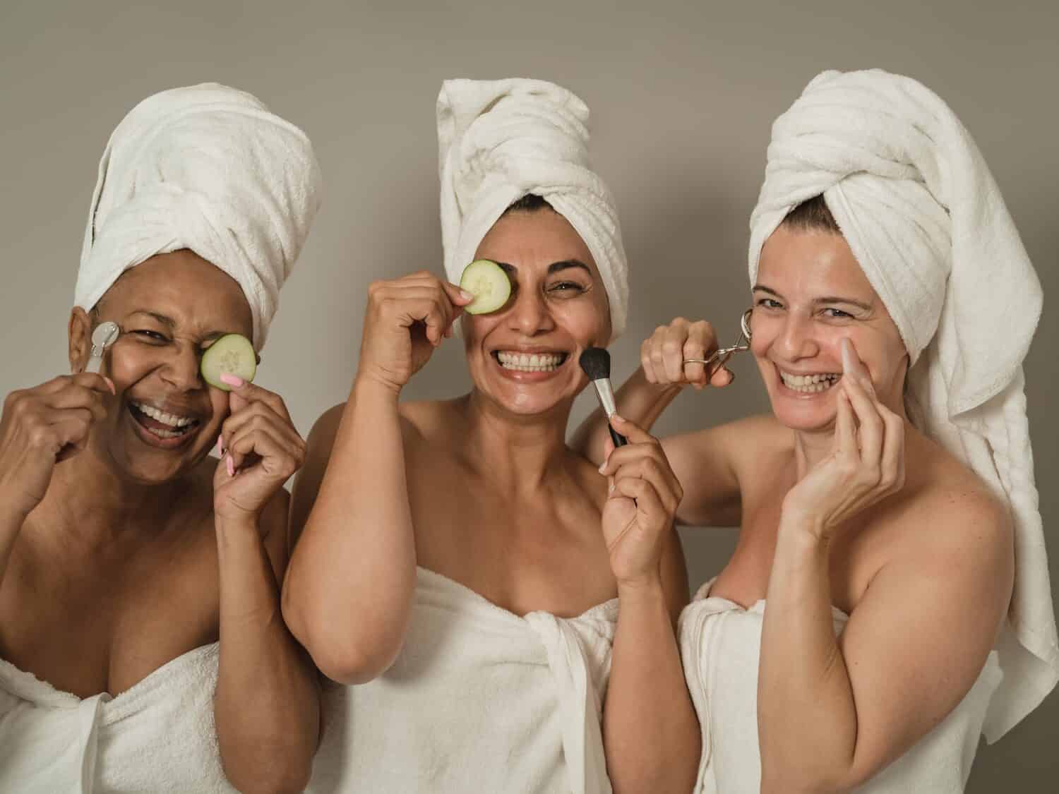Happy females having skin care spa day - People wellness and selfcare concept