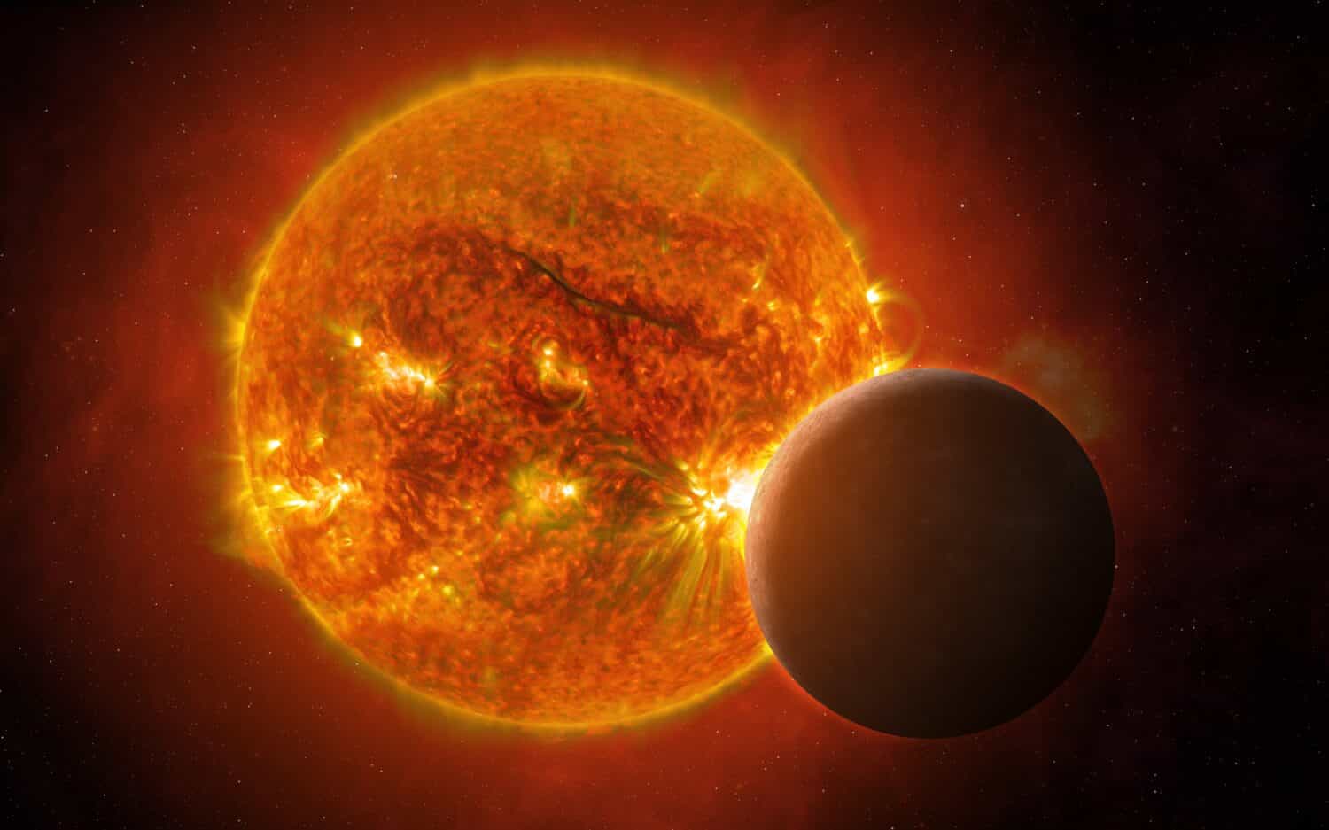 View of the planet Mercury and Sun from space. Mercury - solar system planet. Terrestrial planets. Sci-fi background. Elements of this image furnished by NASA.