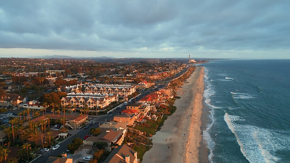 Birds eye view of Carlsbad village and miles of beach in north county San Diego California