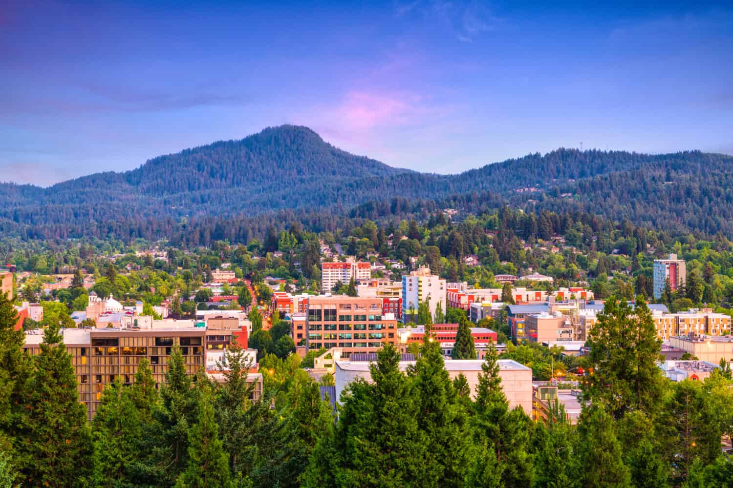 Eugene, Oregon, USA downtown cityscape at dusk.