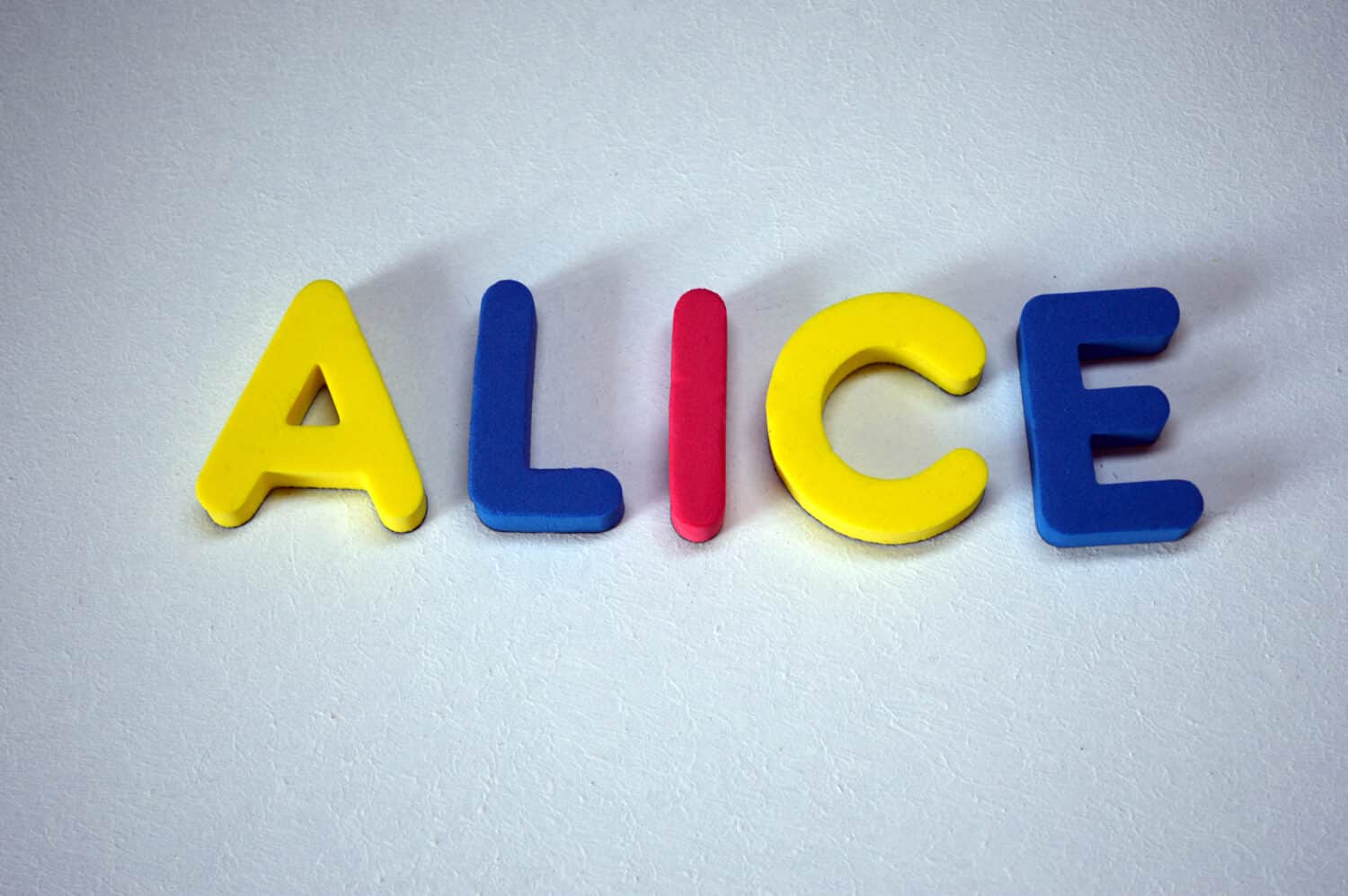 Alice - popular girls name from colorful letters on white background. Alice common female name.