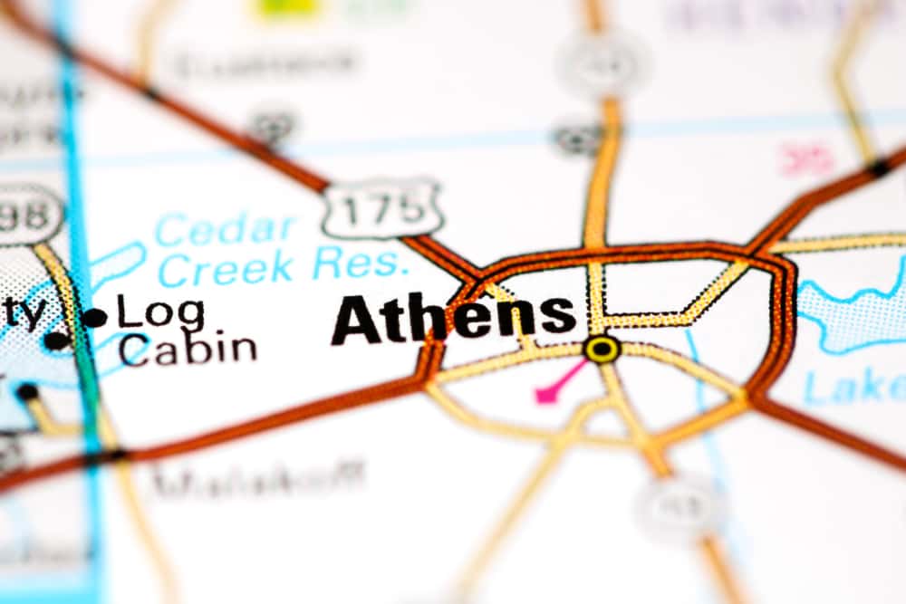 Athens. Texas. USA on a map