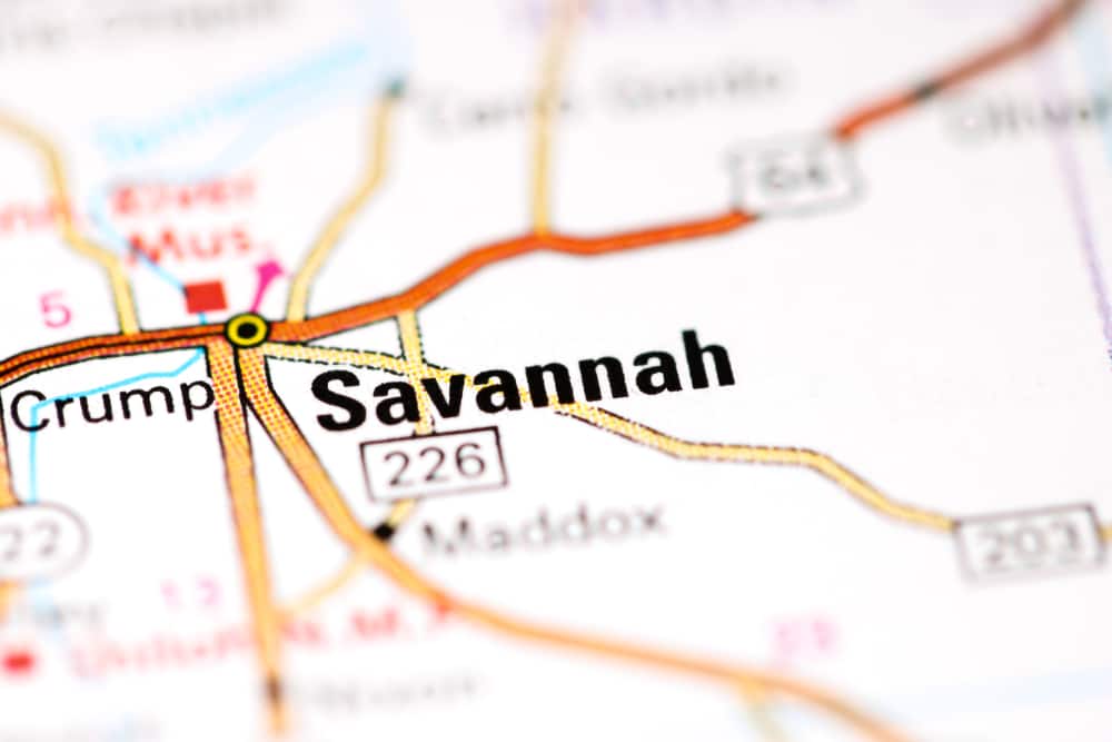 Savannah. Tennessee. USA on a map