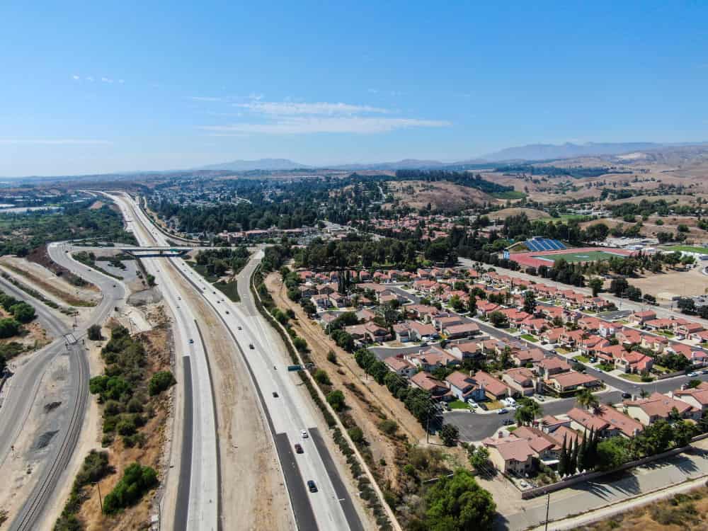 Aerial view of highway crossing the little town Moorpark. Ventura County, California
