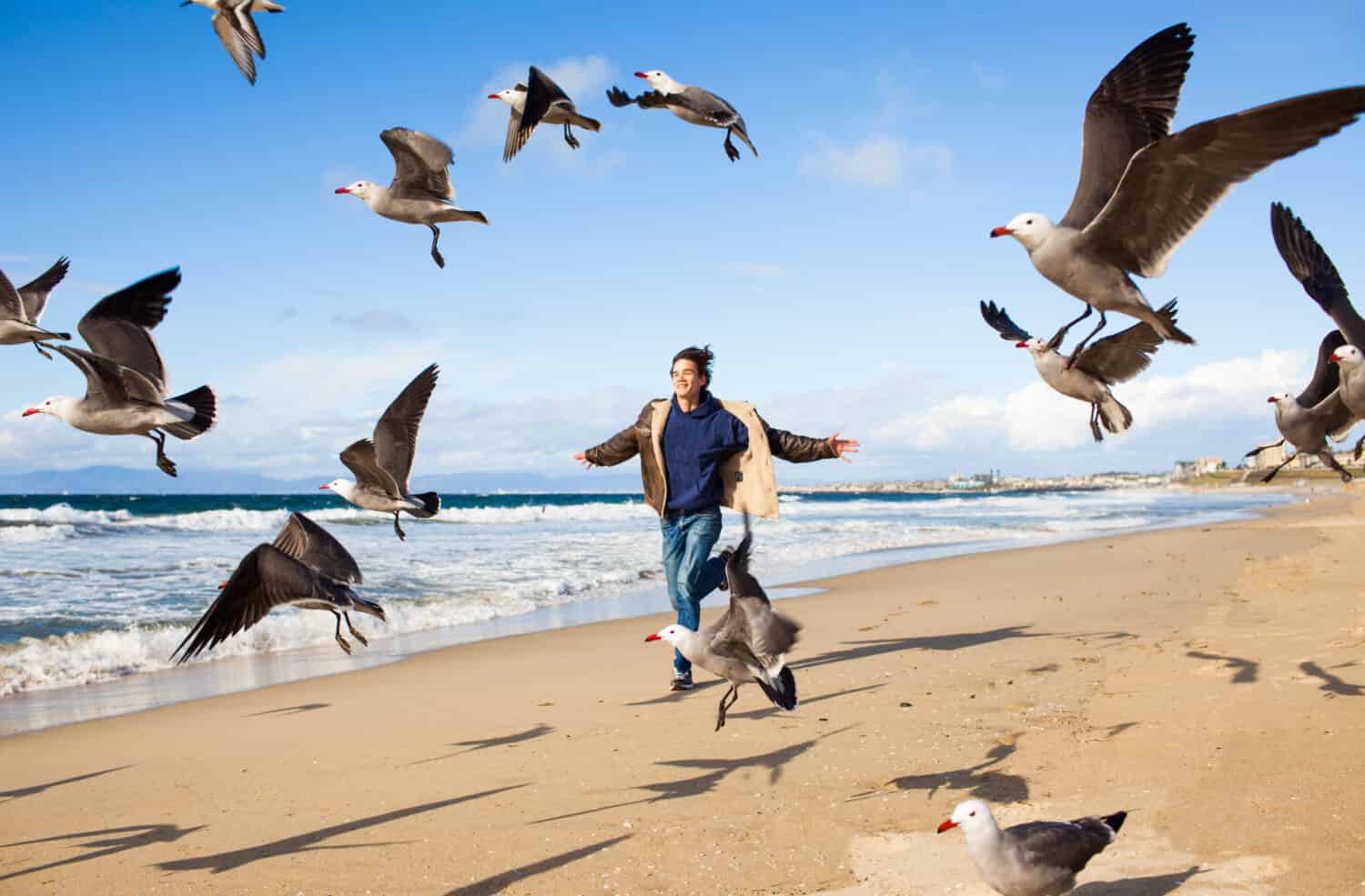 Free spirited young man running on the beach with the birds flying.