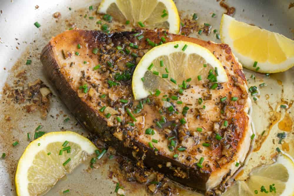 Pan-Seared Lemon Garlic Swordfish in a Skillet