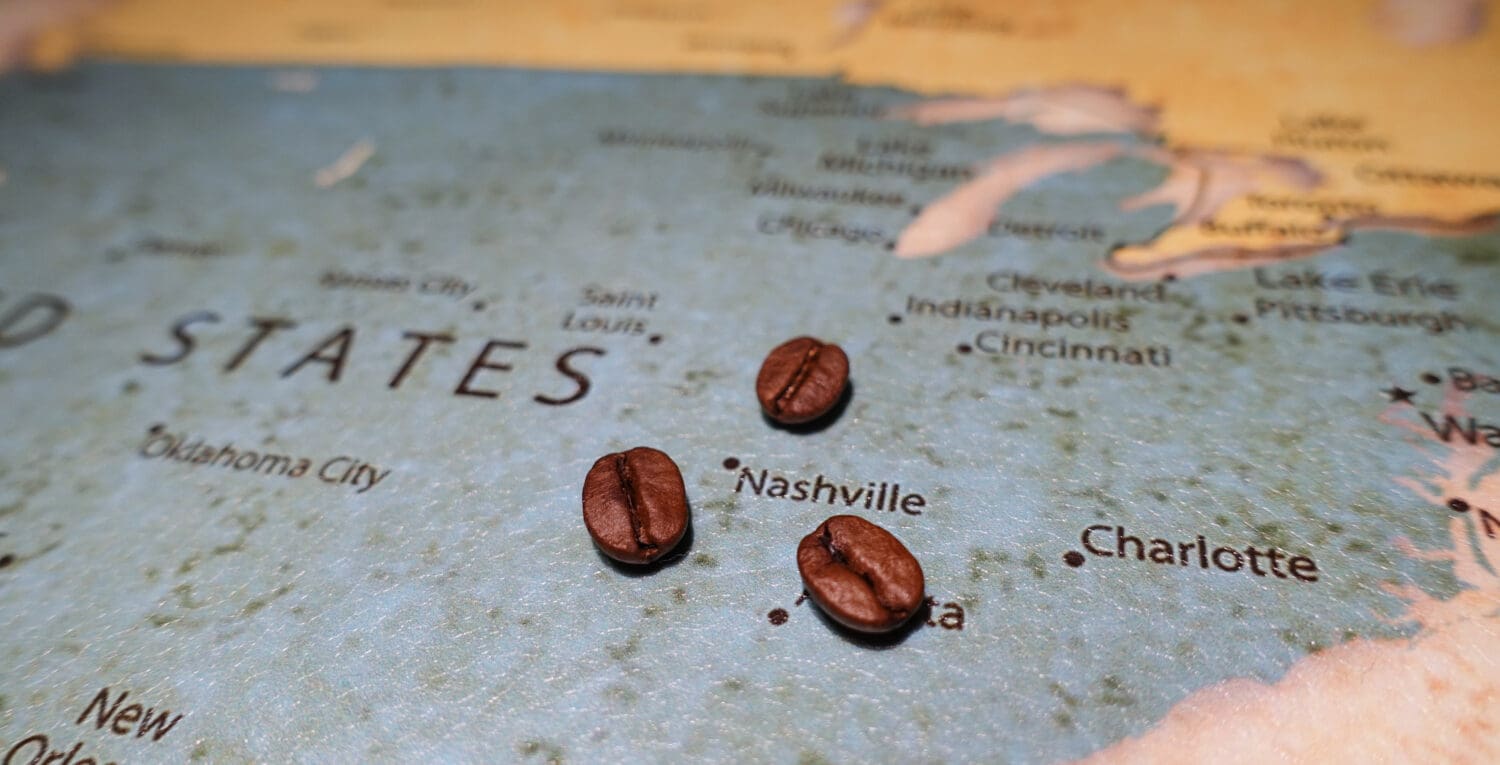 Coffee beans on a map of Nashville, United States of America.