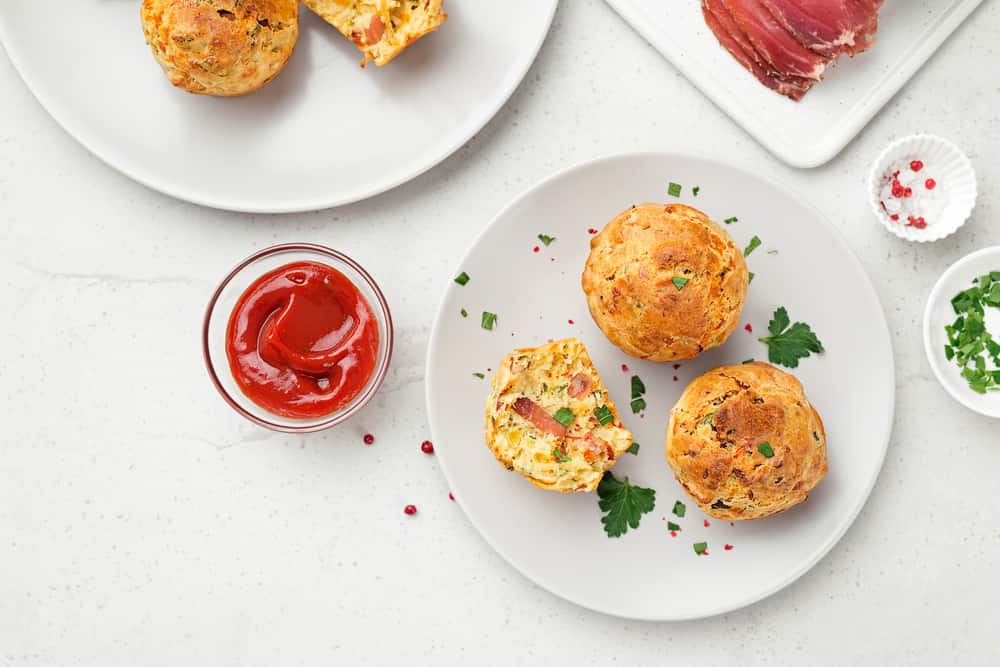 Savory muffins with bacon, green onion and cheese. top view