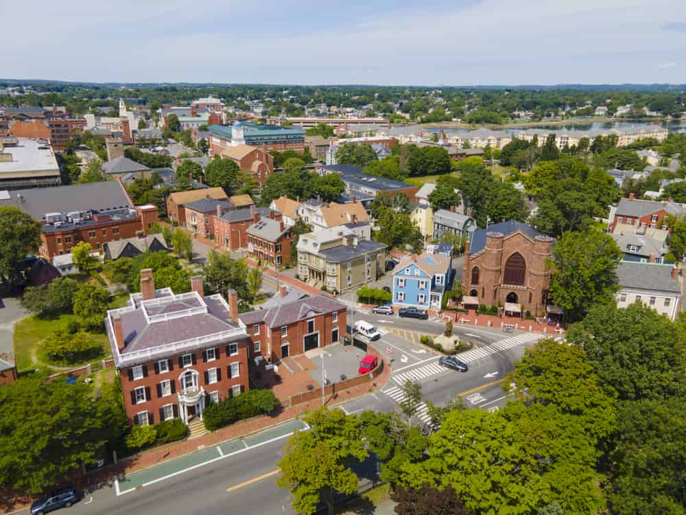 Aerial view of Salem historic city center including Salem Witch Museum and Andrew Safford House in city of Salem, Massachusetts MA, USA.