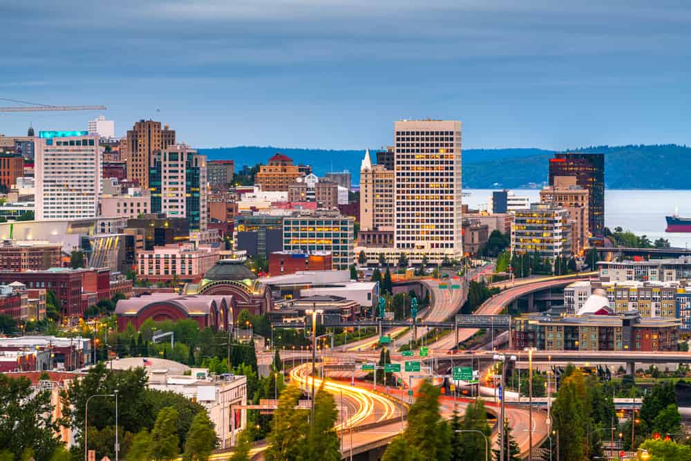 Tacoma, Washington, USA skyline at night.