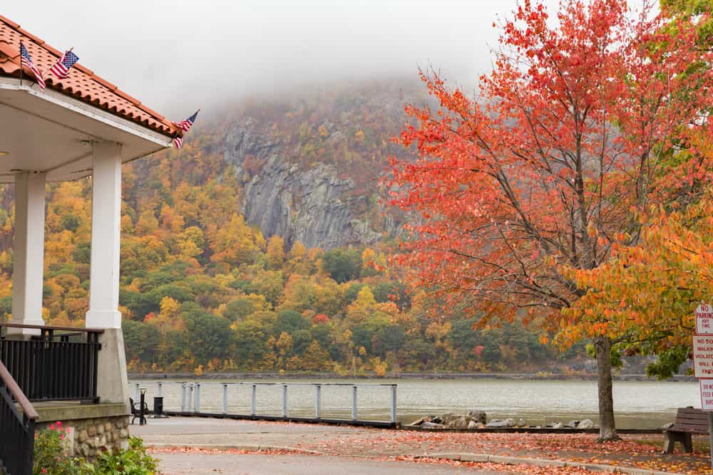 The waterfront with a partial view of the gazebo and the Hudson River in Cold Spring, NY.