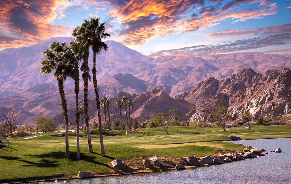 golf course at sunset in palm springs, california, usa