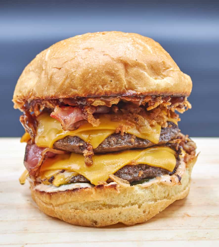 Double Meat Burger, Crispy Onion, Double Cheddar Cheese, Double Bacon, Salsa and Artisan Bread