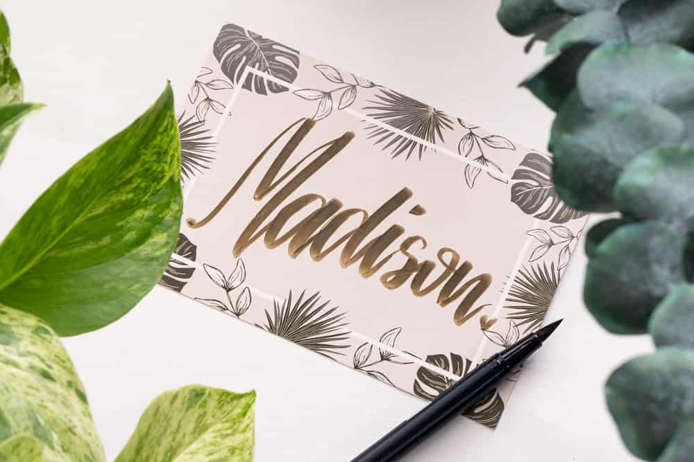 A handwritten greeting card with the name "Madison" on it.