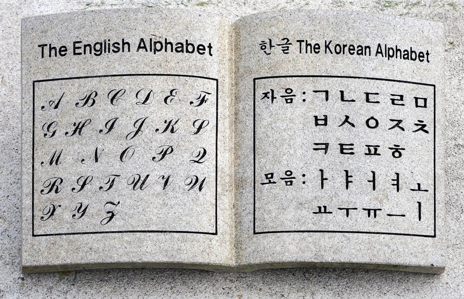 Granite model of contrasting English and Korean alphabets.                              