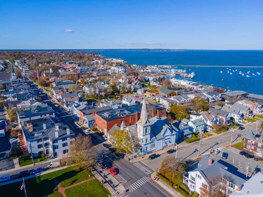 Spire Center for Performing Arts aerial view at 25 Court Street in fall, Plymouth, Massachusetts MA, USA.