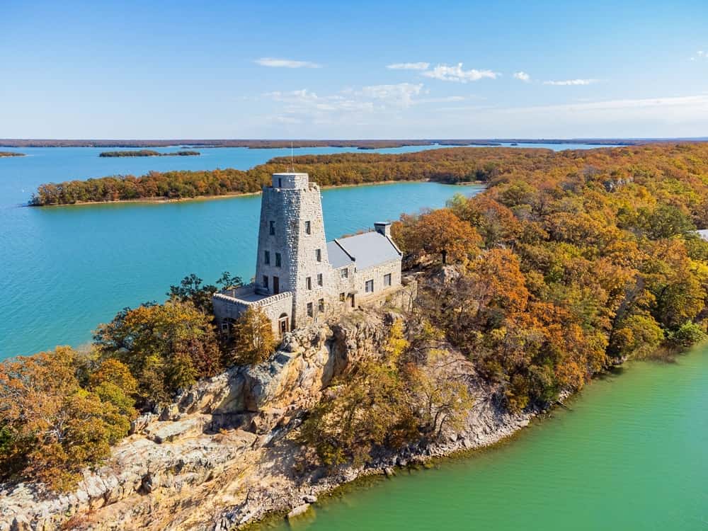 Aerial view of the Tucker Tower of Lake Murray State Park at Oklahoma