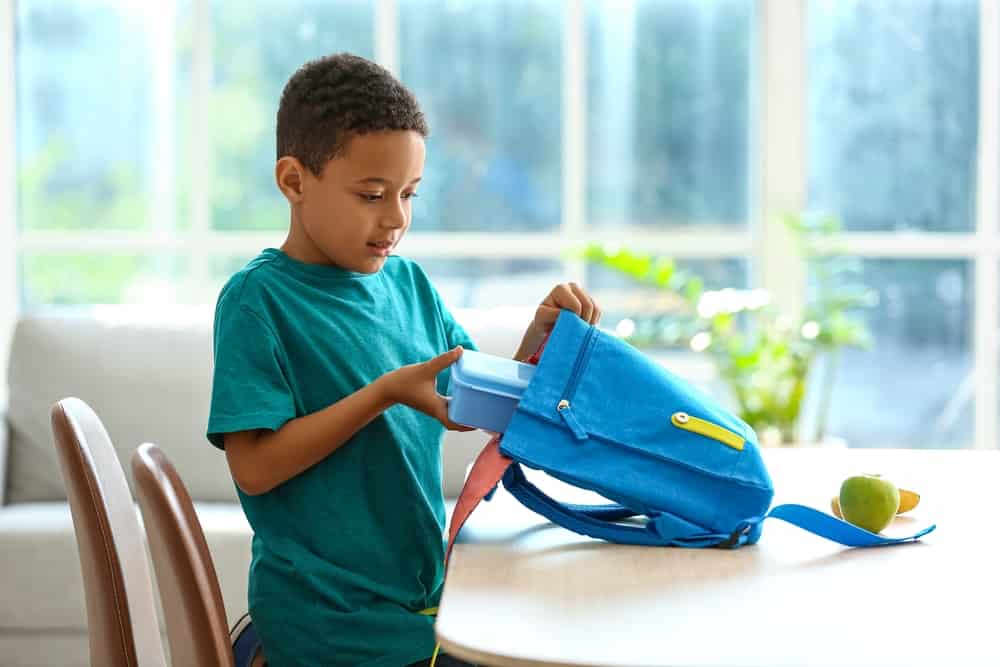 Cute little boy putting his school lunch in bag