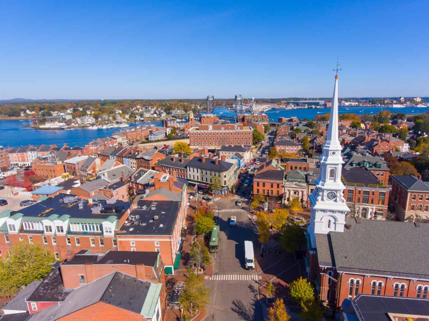 Portsmouth historic downtown aerial view at Market Square with historic buildings and North Church on Congress Street in city of Portsmouth, New Hampshire NH, USA.