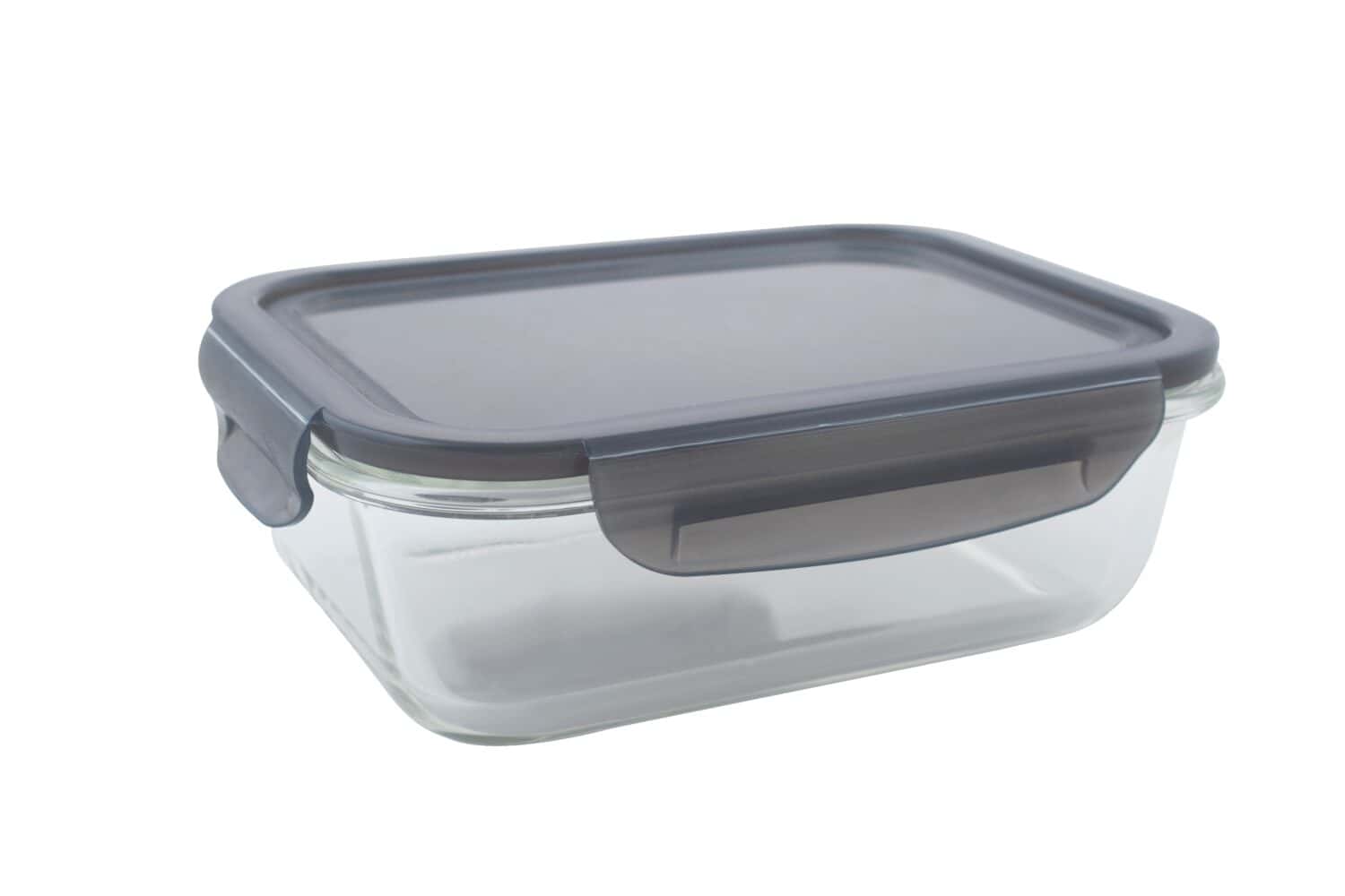 glass food container with lid is insulated on white. Food storage, quality, transparent, comfortable, kitchen, restaurant, cook, airtight