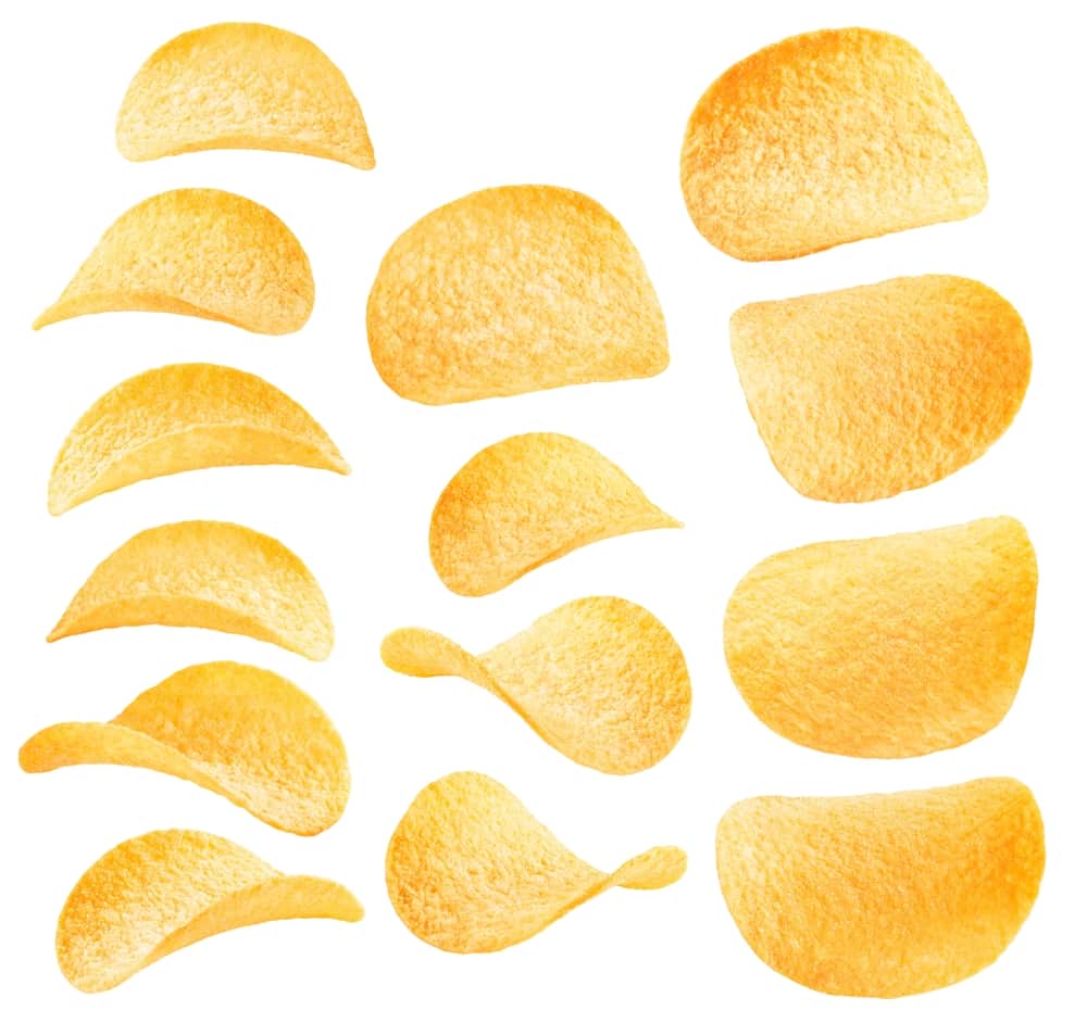 set of potato chips isolated on white. texture. the entire image in sharpness.