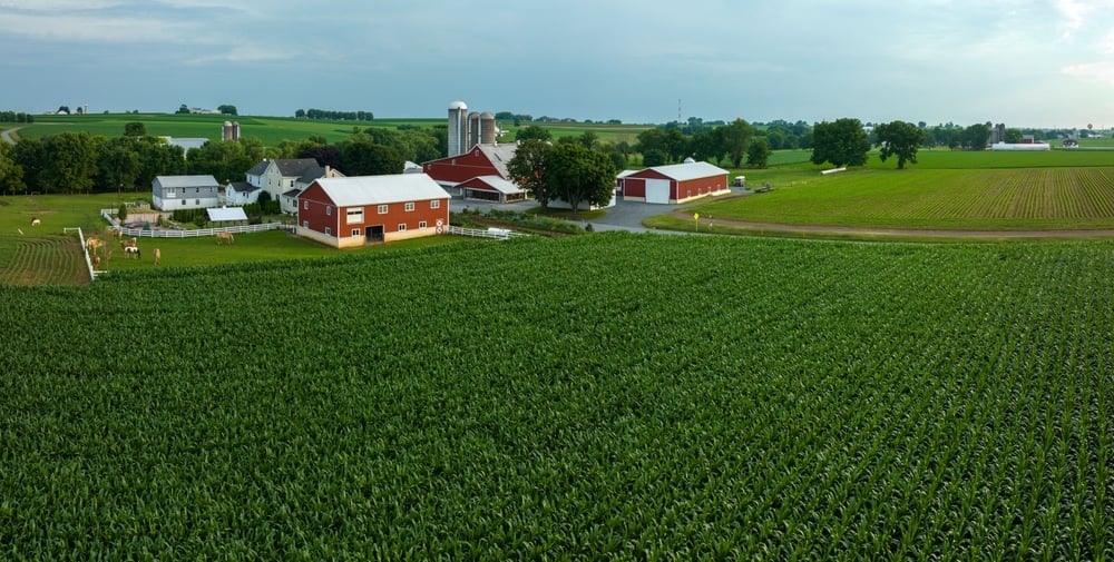 An aerial view of the rural farmland in southern Lancaster County, Pennsylvania.