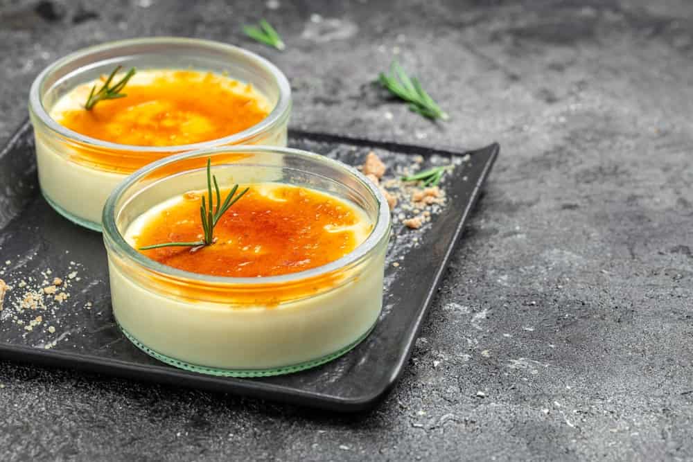 French Creme Brulee. Restaurant menu, dieting, cookbook recipe top view,