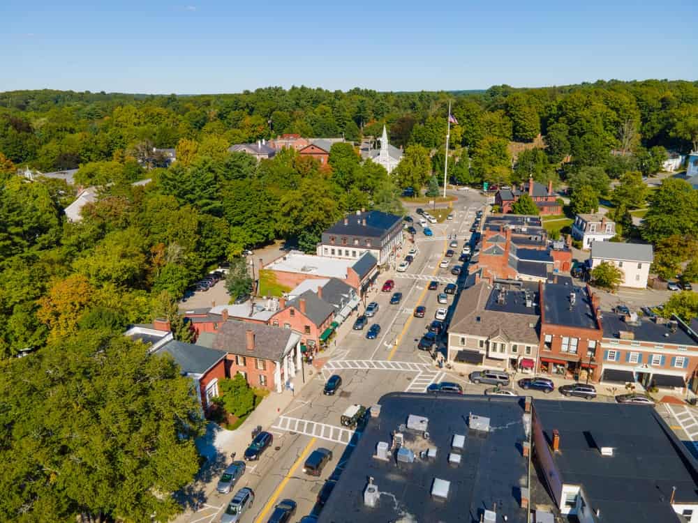 Concord historic town center aerial view in summer on Main Street in town of Concord, Massachusetts MA, USA.