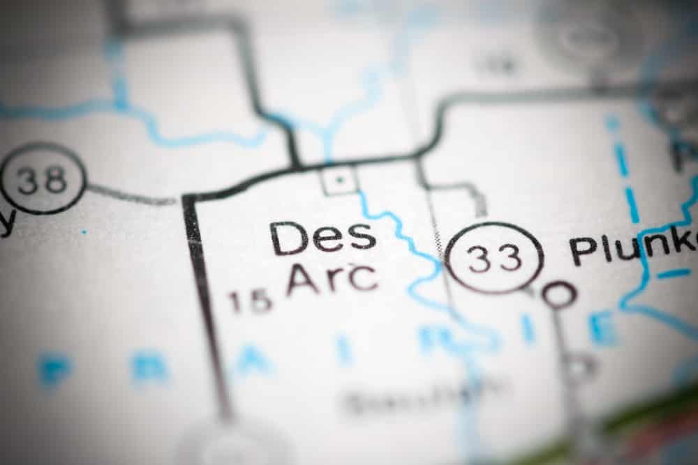 Des Arc. Arkansas. USA on a geography map