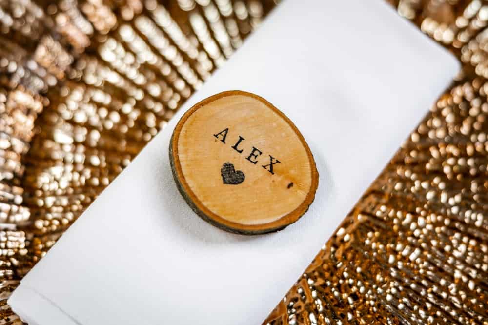 The name Alex - Stunning gold plated dinner plate with wooden name tag Alexander and love heart chopped wood log