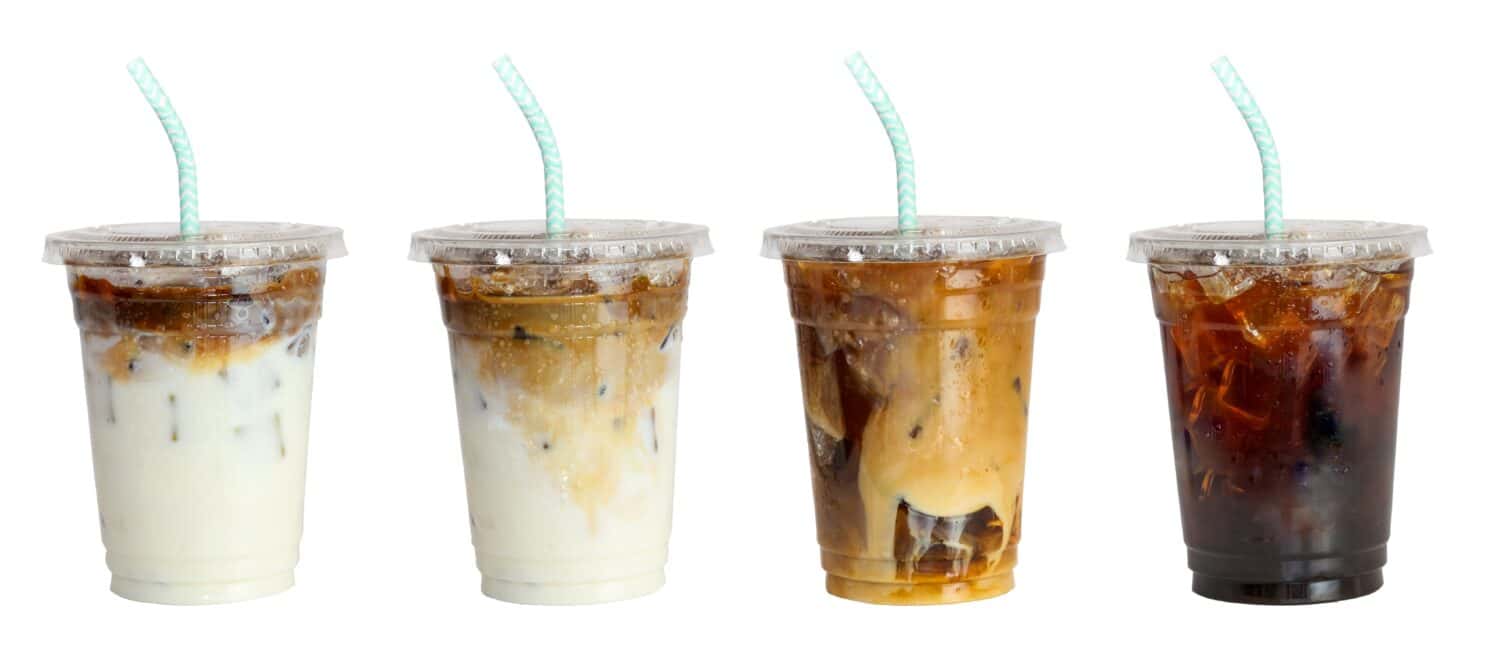 Drink banner, Set of cold ice coffee, caramel latte coffee and black Americano coffee cold in to go plastic glass with straw and the lid on isolated clipping path clean cut on white background.