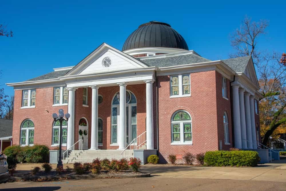 Early 20th century Neoclassical style Batesville First United Methodist Church with a central octagonal dome in Batesville, Mississippi, in Panola County, USA