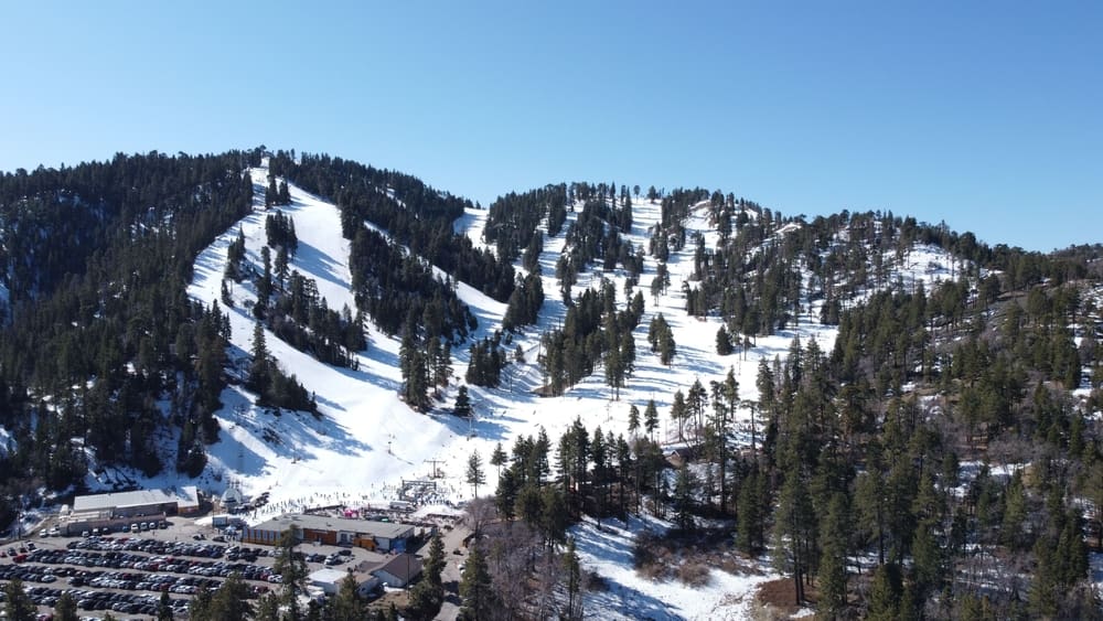 A drone shot of the Mountain High Resort in wrightwood in the San Gabriel Mountains, Los Angeles, California