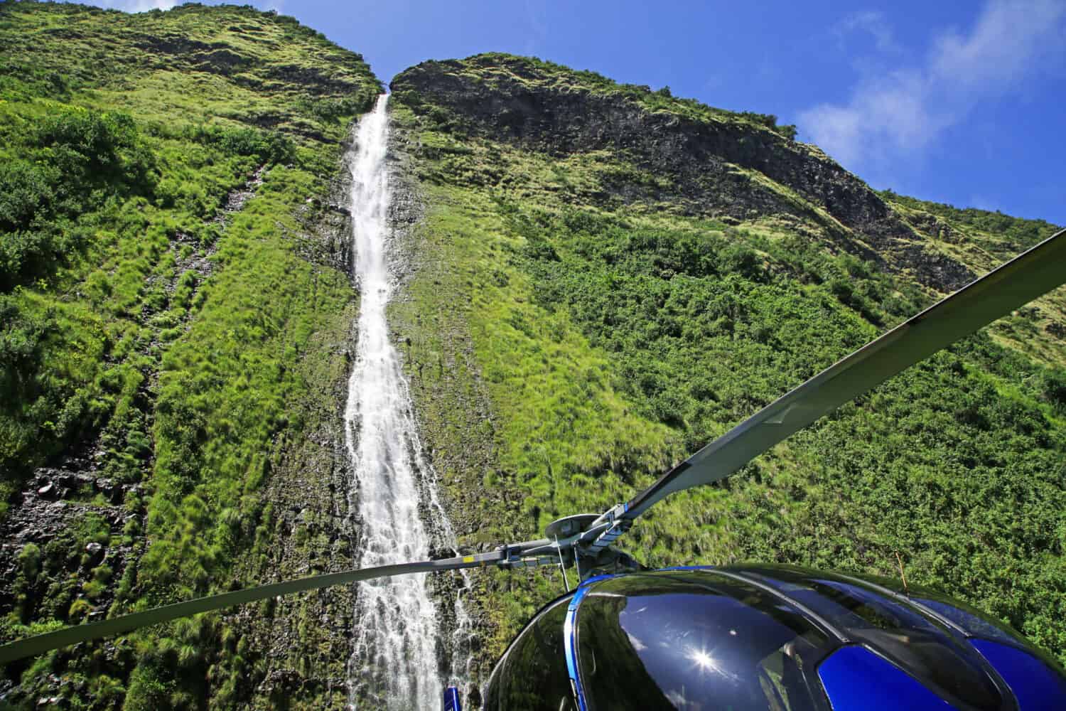 Waterfall on the Kohala Coast of the Big Island of Hawaii (and the helicopter that landed right in front of it)
