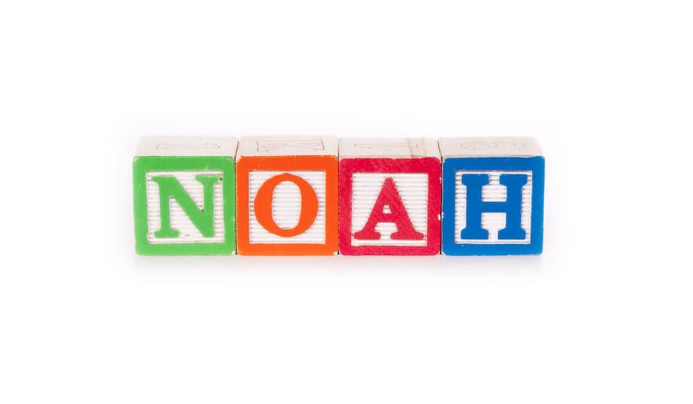Toy blocks spelling out the name "NOAH"