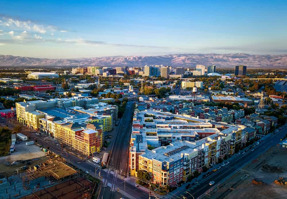 Drone photo of sunset over downtown San Jose in California