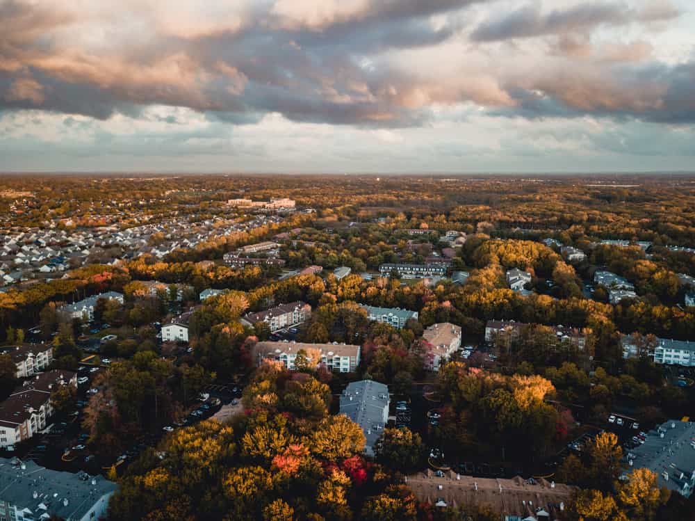 Aerial sunset of Fall Foliage in Hamilton New Jersey