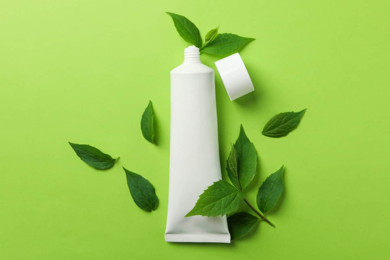 Toothpaste tube and mint leaves on green background, space for text