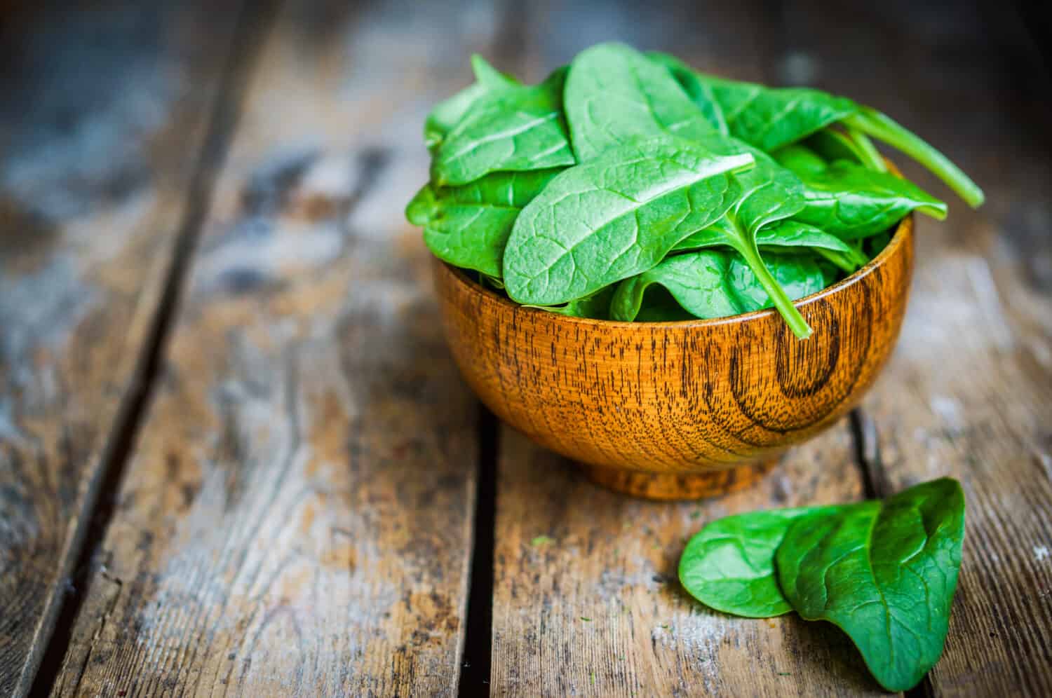 Fresh spinach in a bowl on rustic wooden background