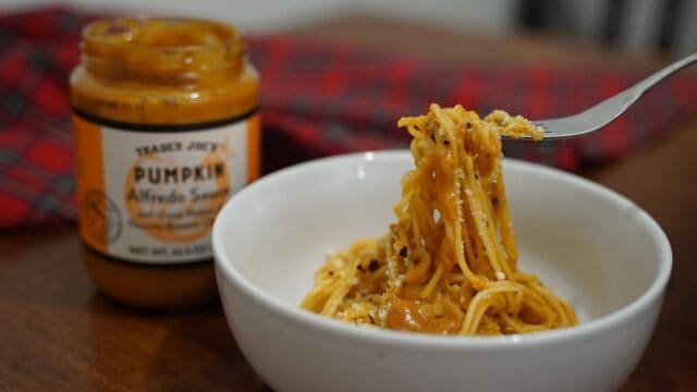 pumpkin alfredo spaghetti on fork