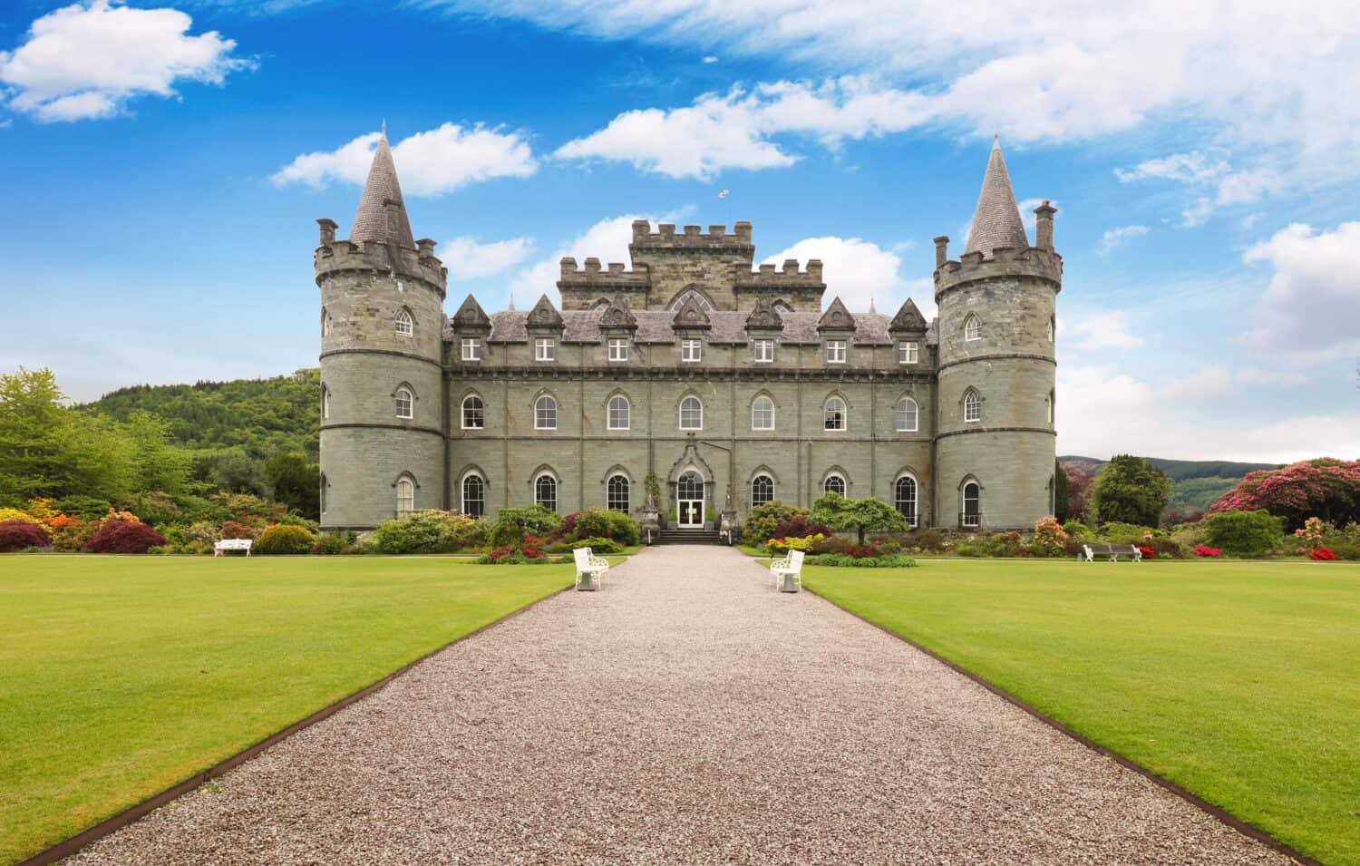 Inveraray castle and garden with blue sky, Inveraray,Scotland