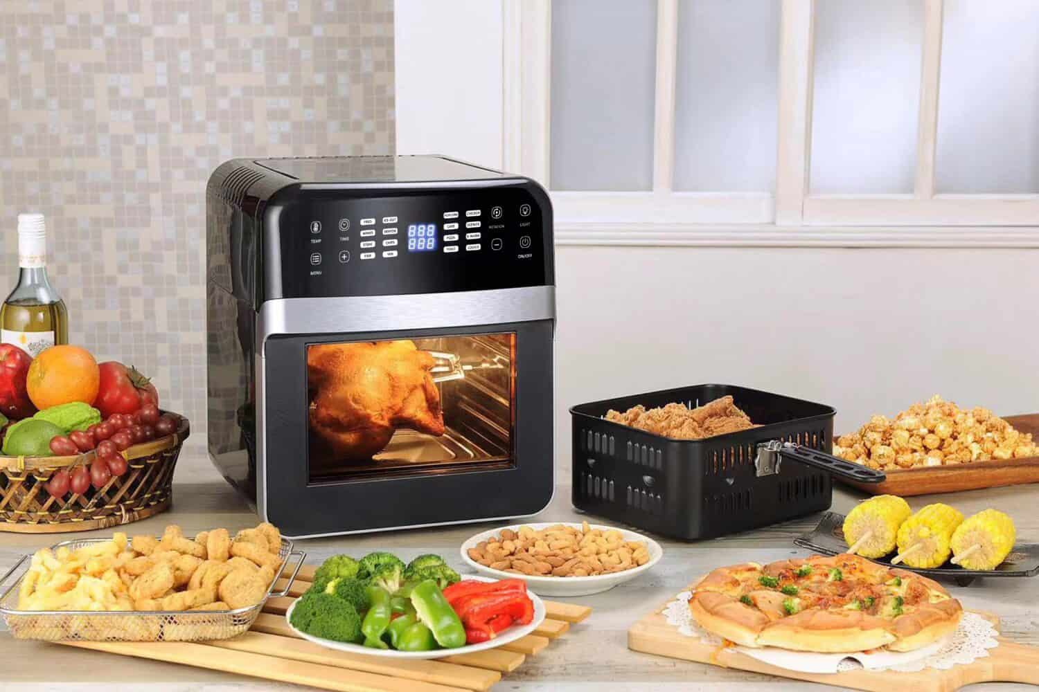 new modern ai high technology luxury beautiful electronic product design air fryer black square machine for bake cook fried skew on white background for house kitchen and restaurant