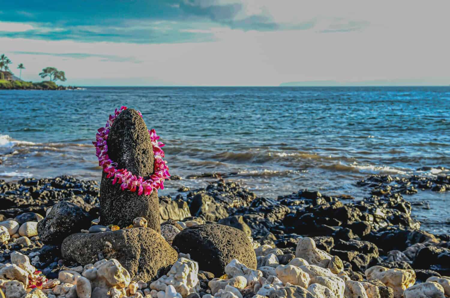 The Ku'ula stone, a fisherman's shrine off the coastal walkway in Wailea, Maui, Hawaii